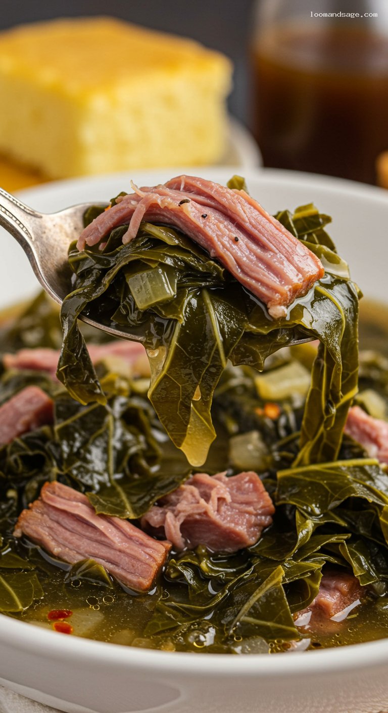 Southern Collard Greens with Smoked Ham Hocks – Closeup