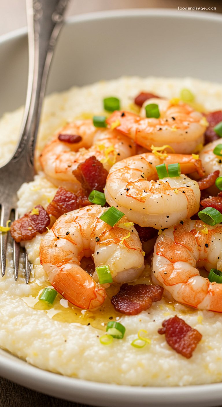 Southern Shrimp and Creamy Grits with Smoky Bacon – Closeup