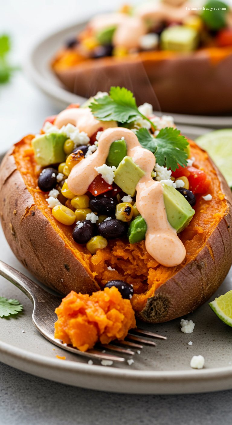 Southwest Stuffed Sweet Potatoes with Chili-Lime Crema – Closeup