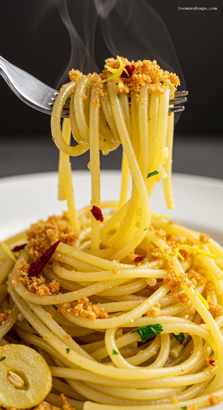 Spaghetti Aglio e Olio with Toasted Breadcrumbs – Closeup