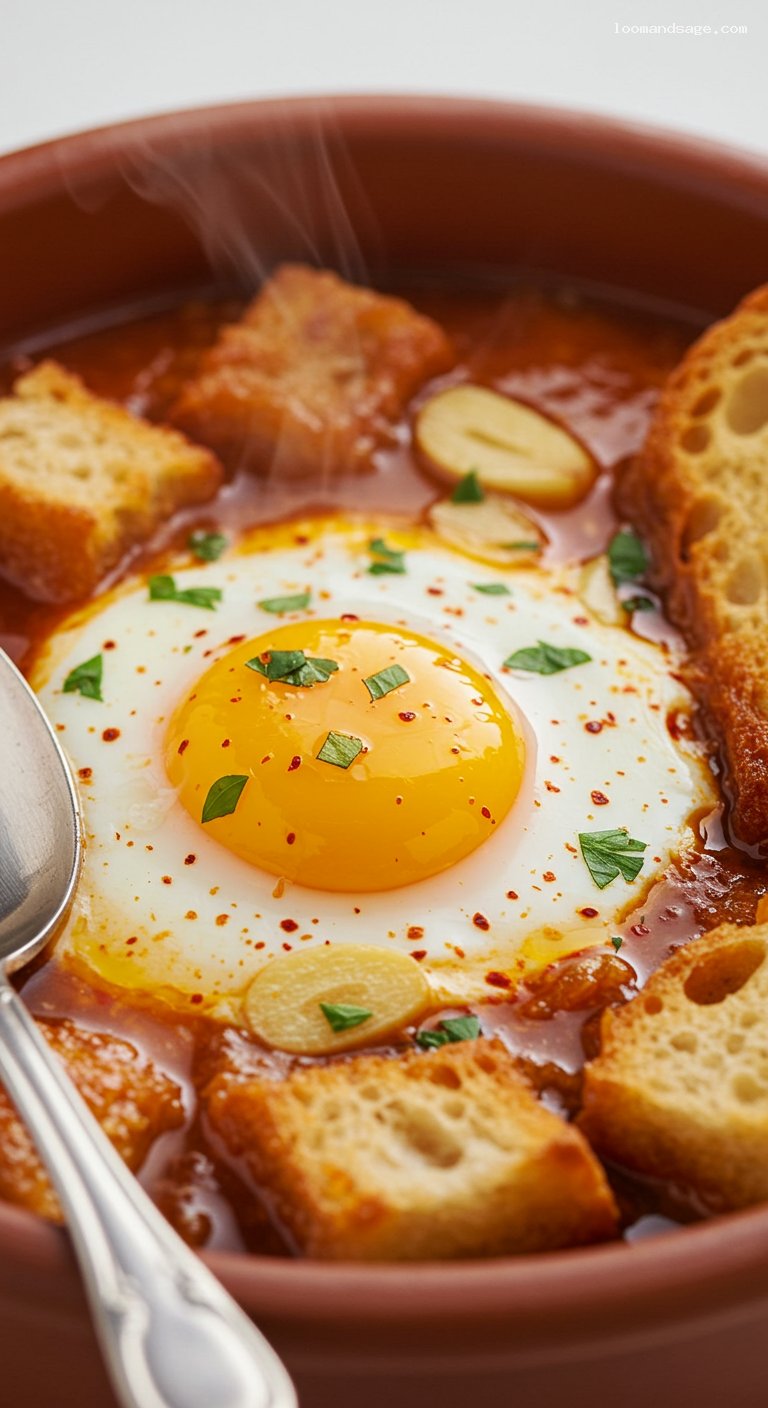 Spanish Garlic Bread Soup with Smoked Paprika and Poached Egg – Closeup