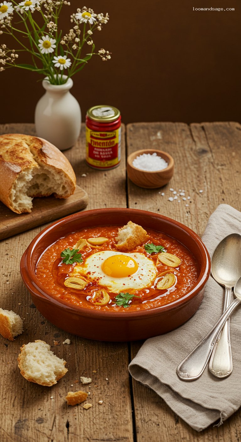Spanish Garlic Bread Soup with Smoked Paprika and Poached Egg