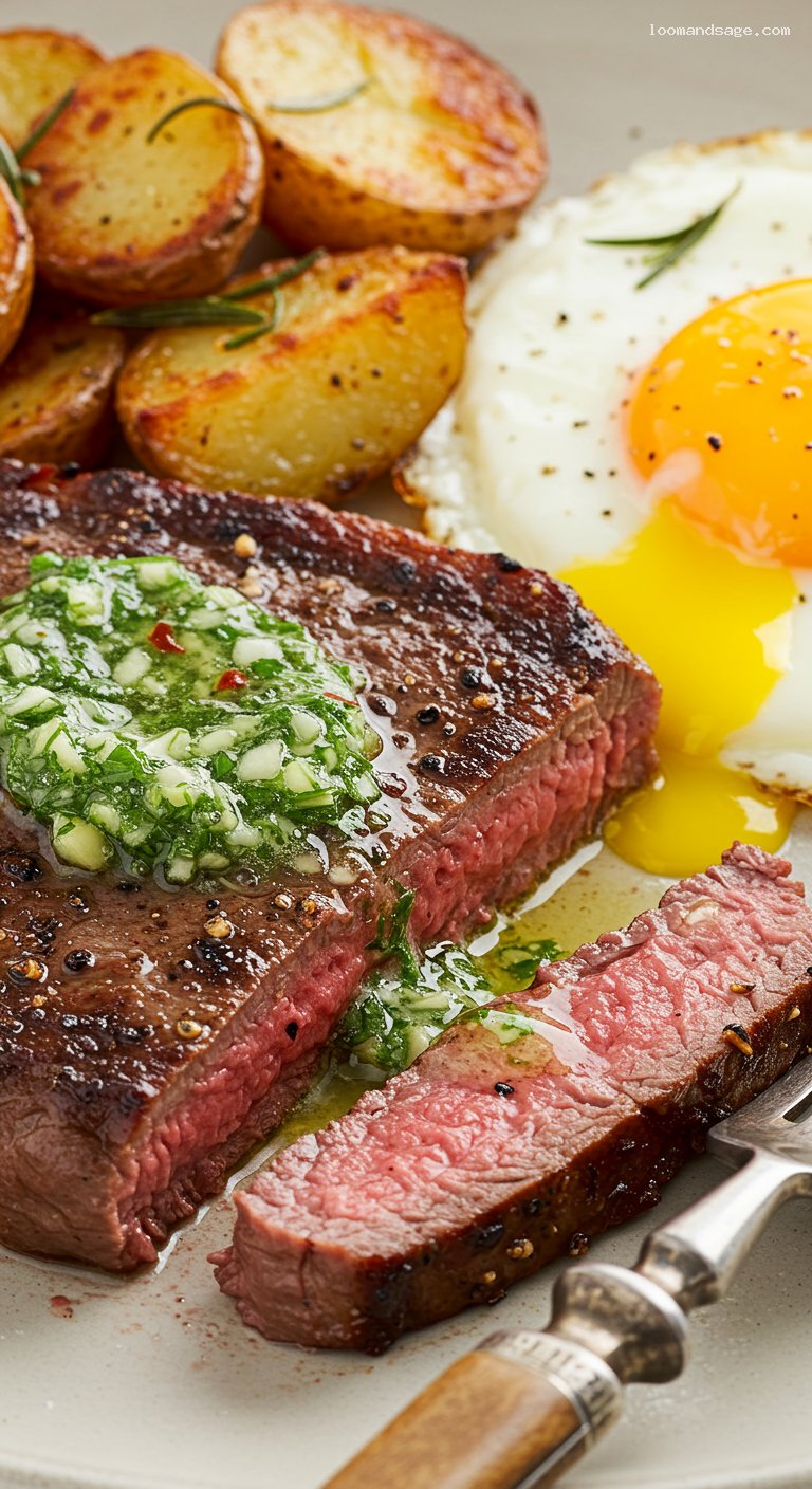 Steak and Eggs with Garlicky Herb Butter, Crispy Breakfast Potatoes, and Bright Chimichurri – Closeup