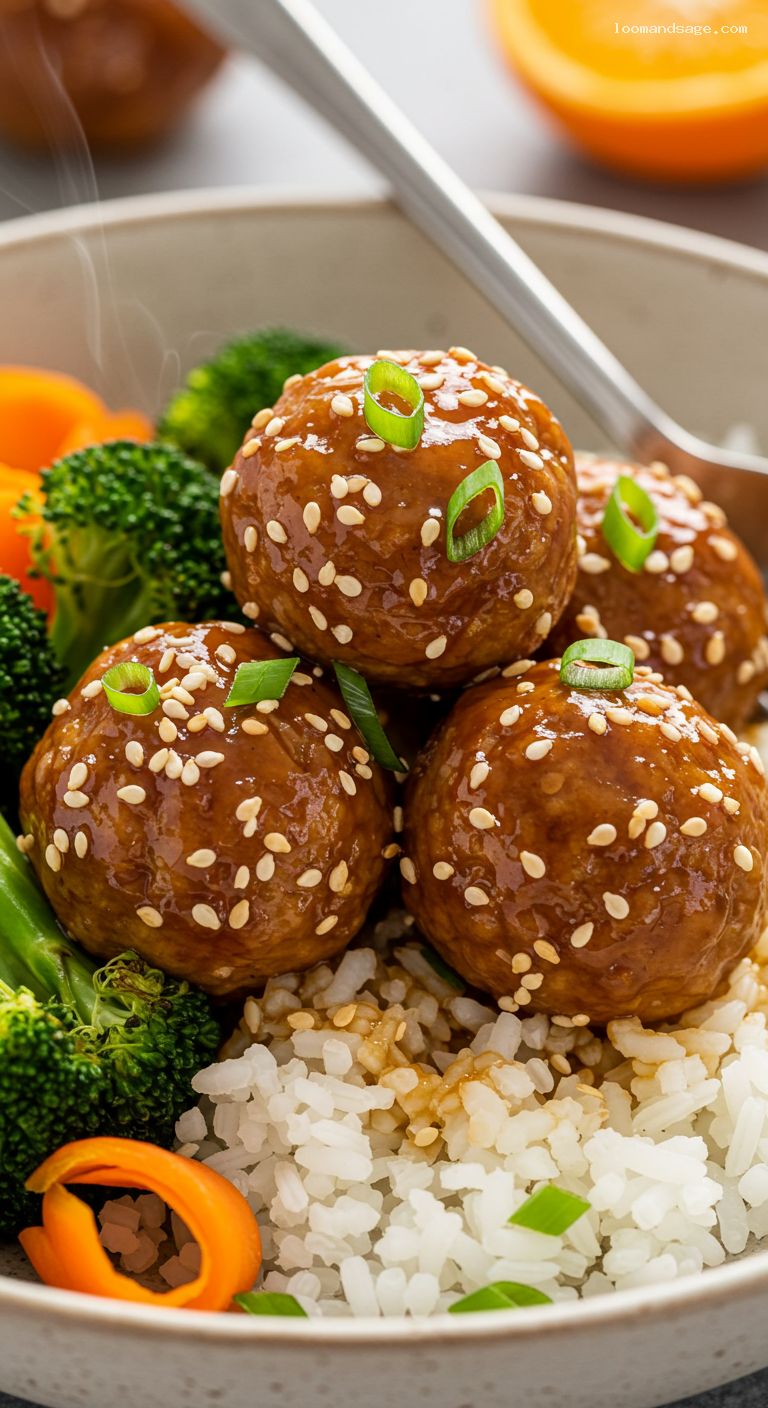 Sticky Orange-Ginger Pork Meatballs with Roasted Broccoli – Closeup