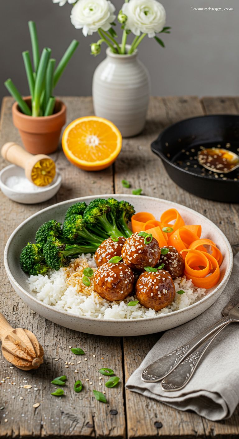 Sticky Orange-Ginger Pork Meatballs with Roasted Broccoli