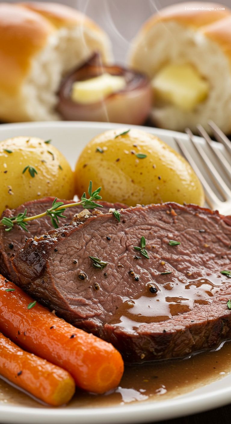 Sunday Pot Roast with Onions, Carrots, and Potatoes – Closeup