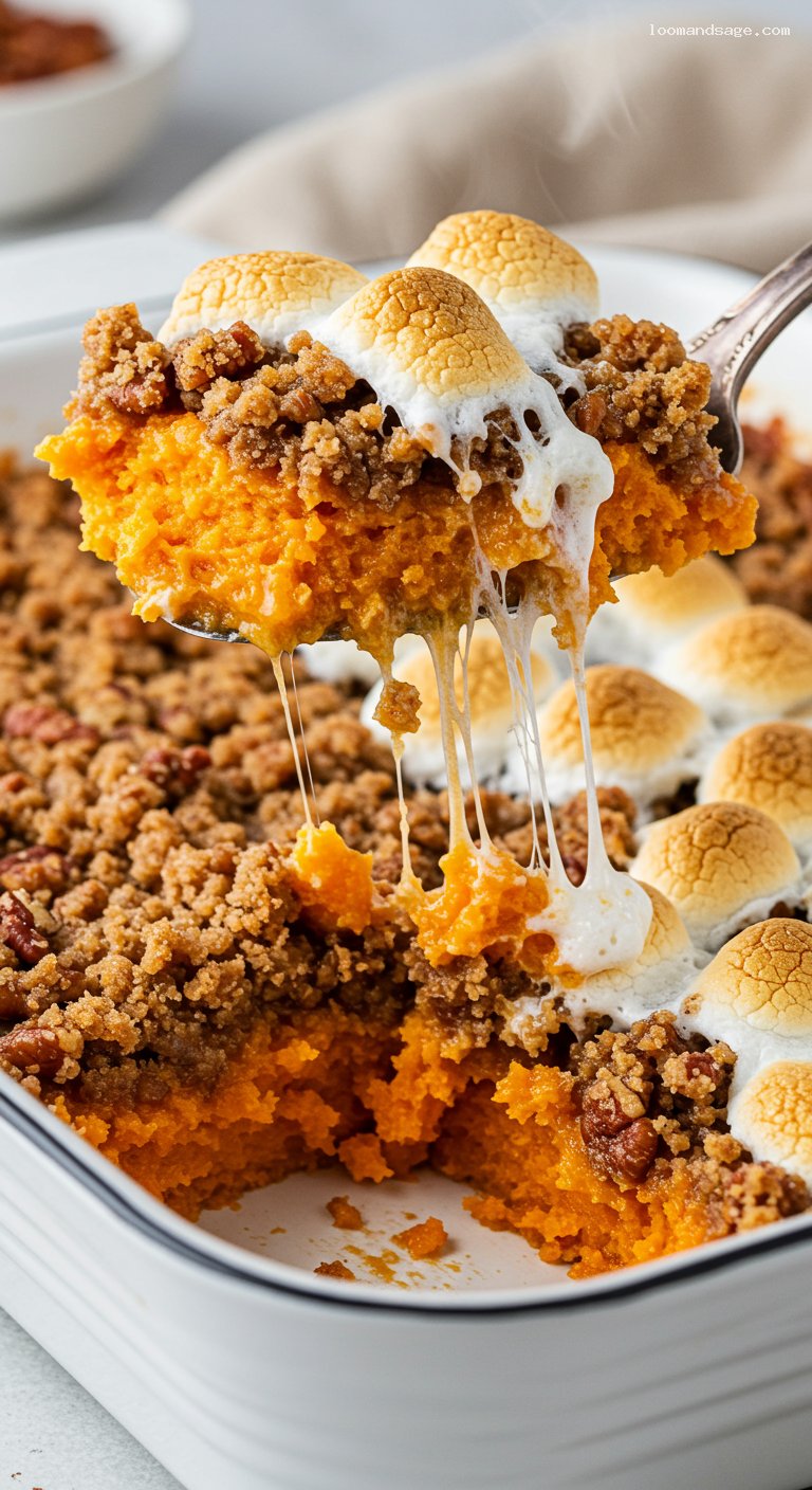 Sweet Potato Casserole with Pecan Streusel or Marshmallows – Closeup