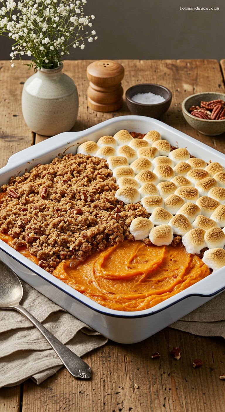 Sweet Potato Casserole with Pecan Streusel or Marshmallows