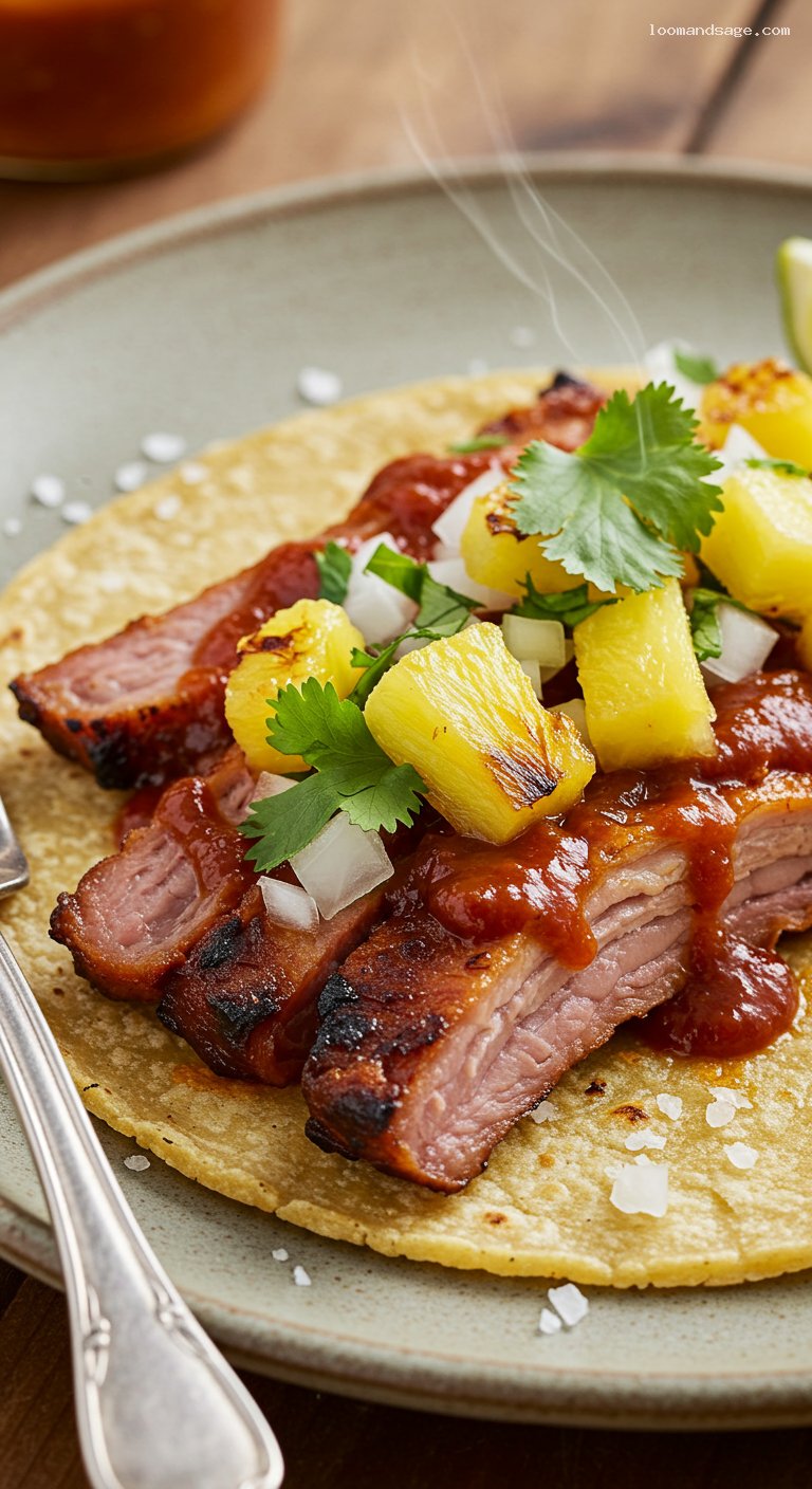 Tacos al Pastor with Pineapple and Salsa Roja – Closeup