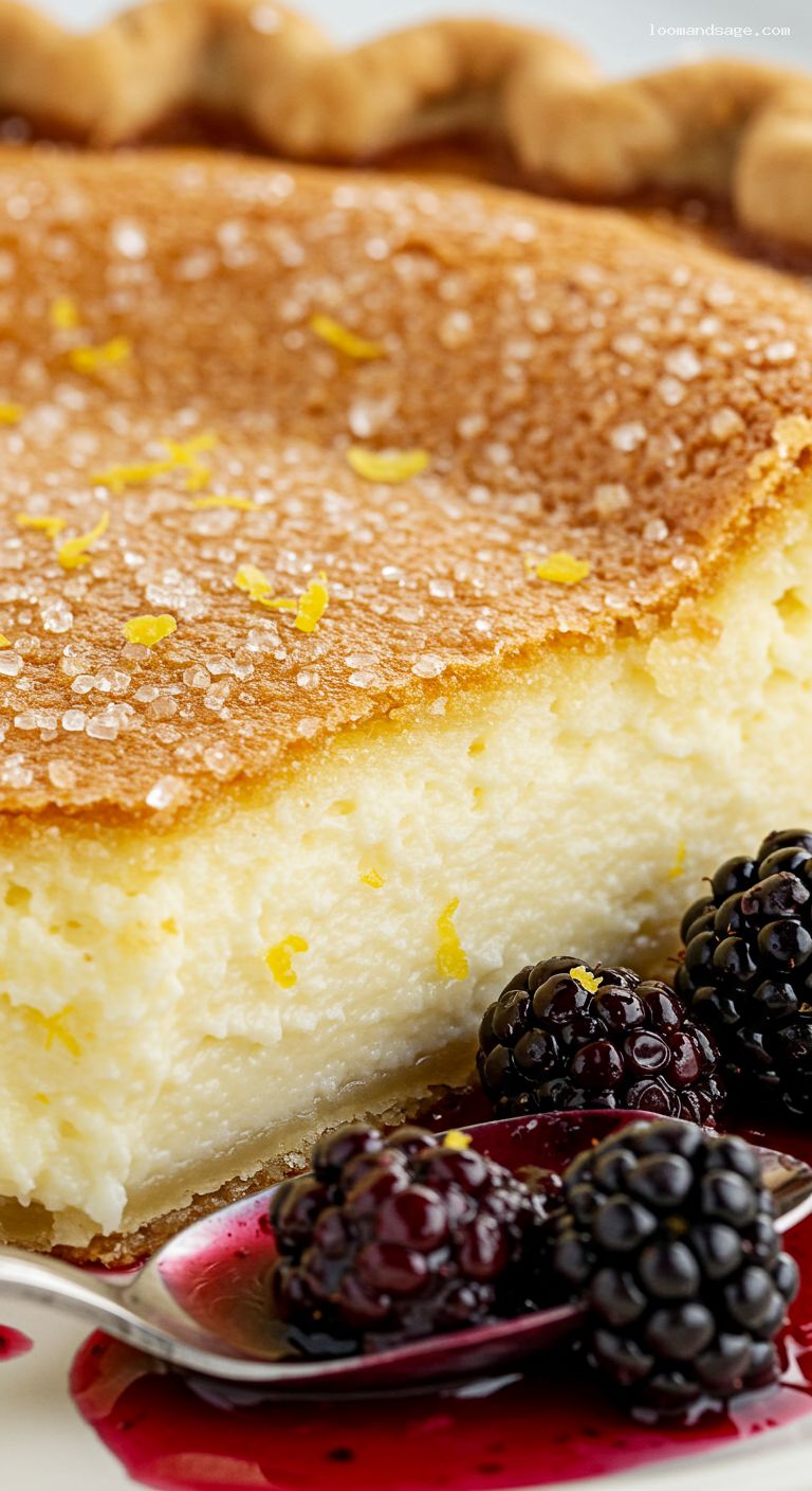 Tangy Buttermilk Chess Pie with Macerated Blackberries – Closeup