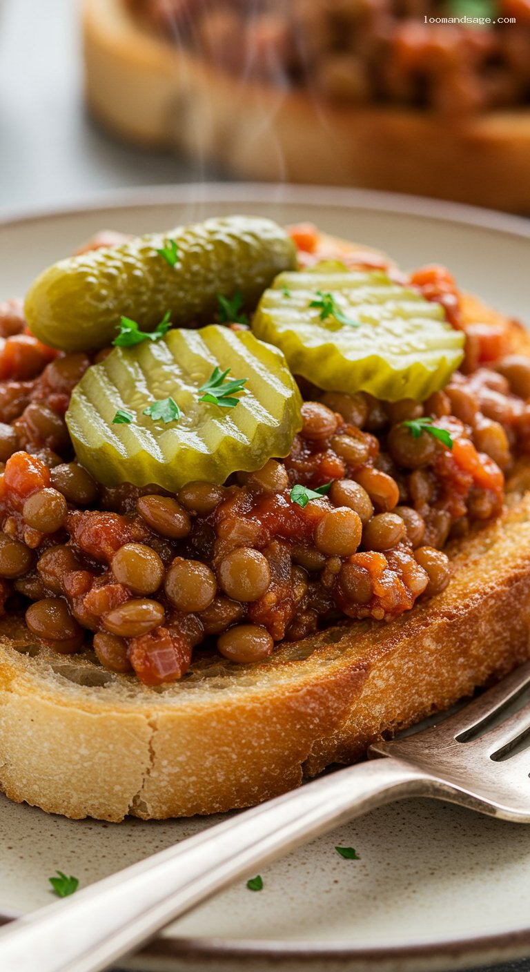 Tangy Lentil Sloppy Toast with Pickles – Closeup