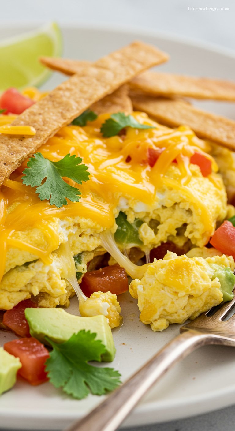Tex-Mex Migas with Tortilla Strips and Avocado – Closeup