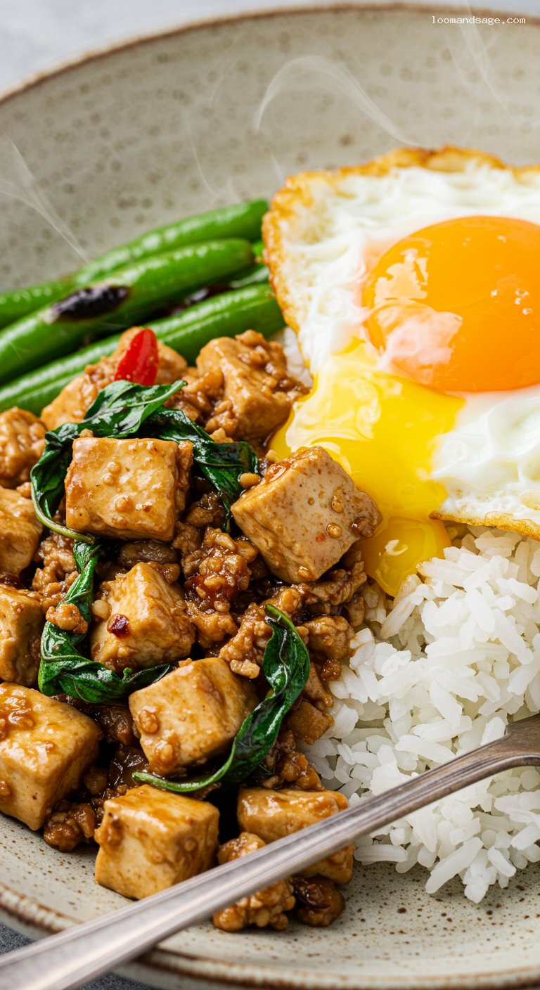 Thai Basil Tofu (Pad Krapow) with Jasmine Rice – Closeup