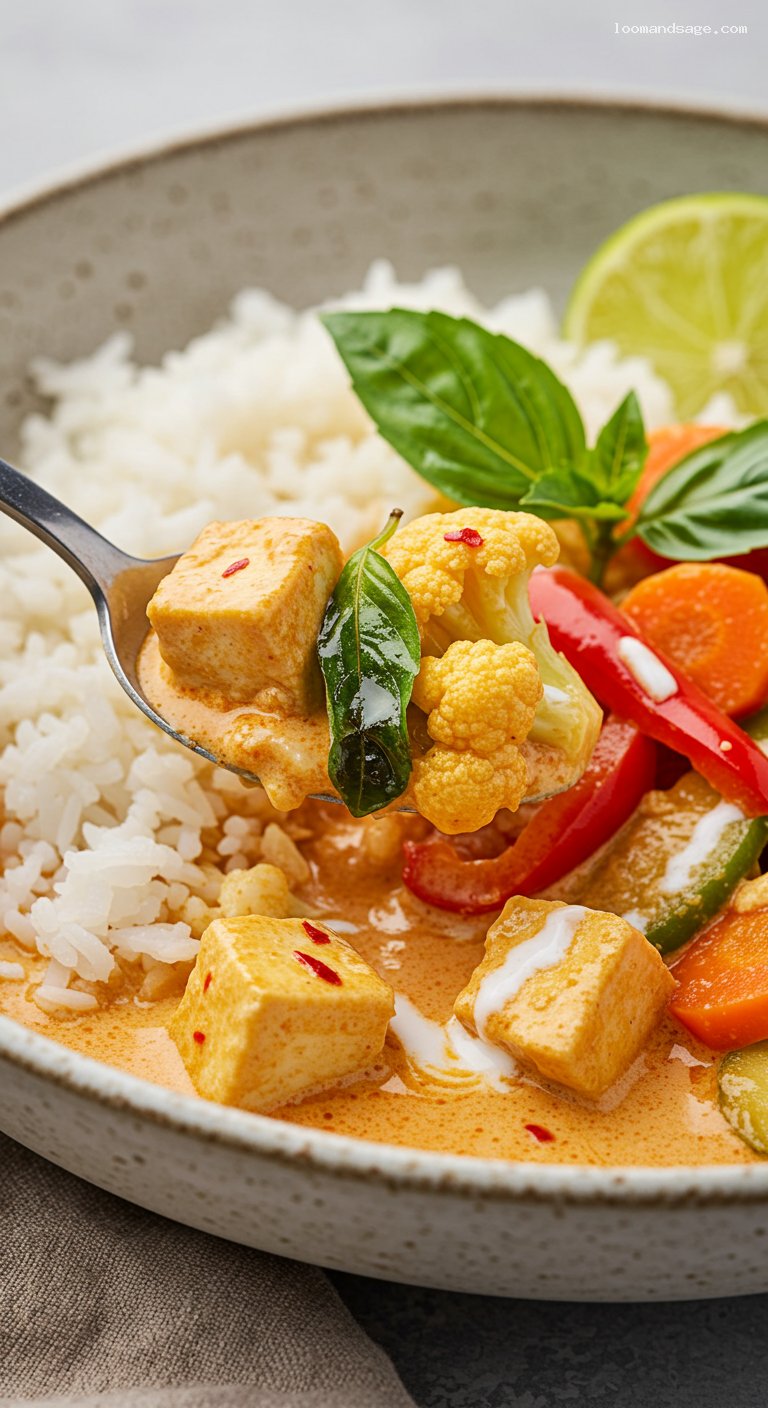 Thai Red Curry Vegetables with Tofu and Basil – Closeup