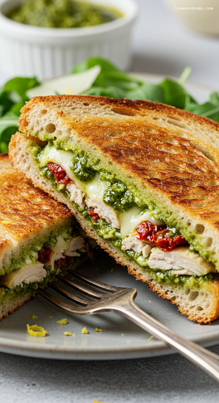 Toasted Pesto Chicken Melts with Sun-Dried Tomatoes – Closeup