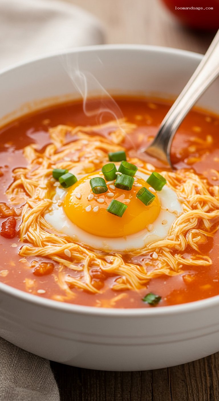 Tomato Egg-Drop Rice Soup with Scallions – Closeup