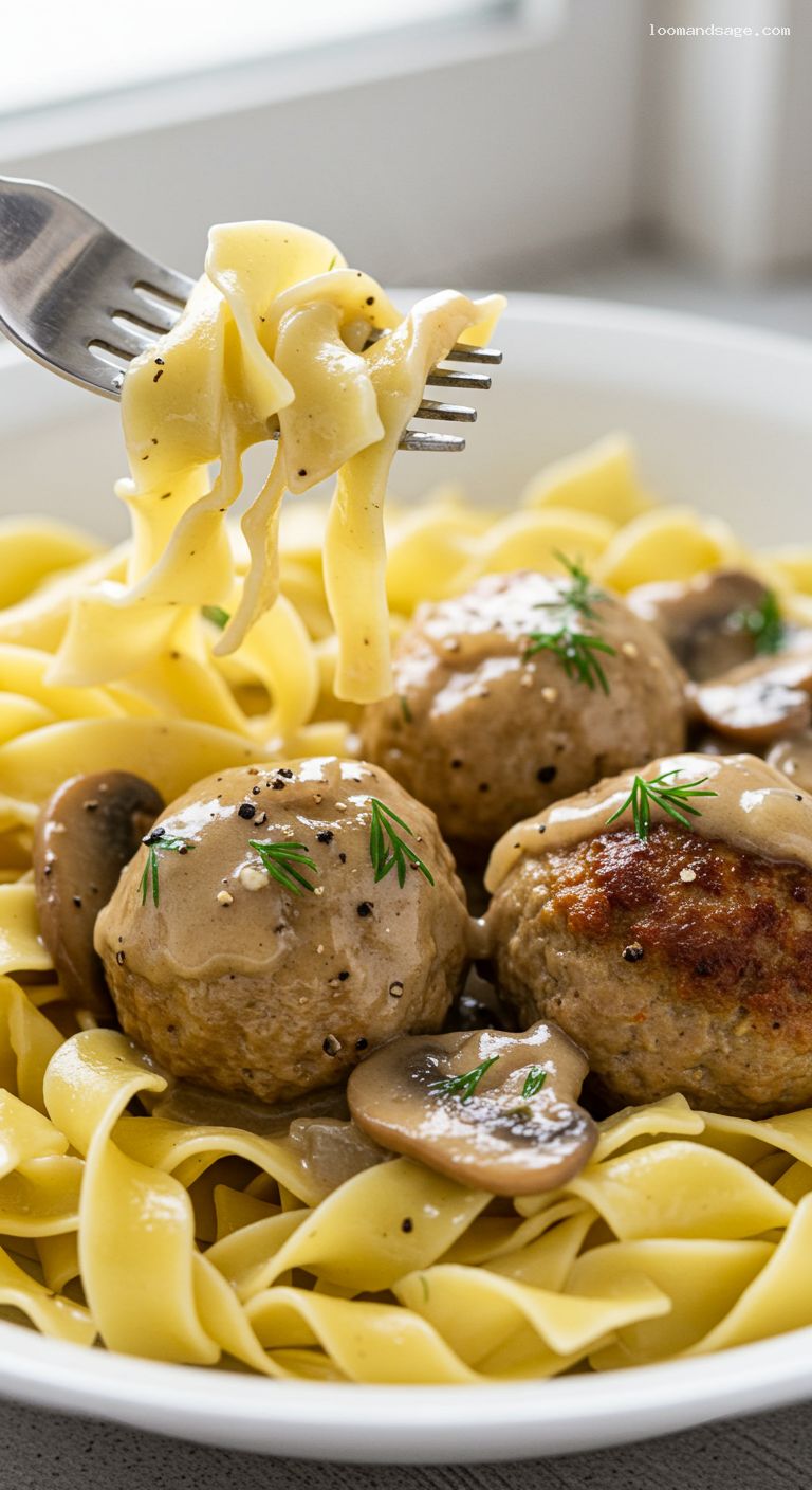 Turkey Swedish Meatballs with Mushroom Gravy and Dill – Closeup