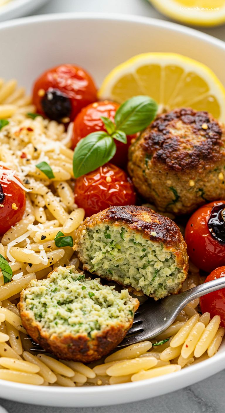 Turkey Zucchini Meatball Bowls with Garlic Butter Orzo – Closeup