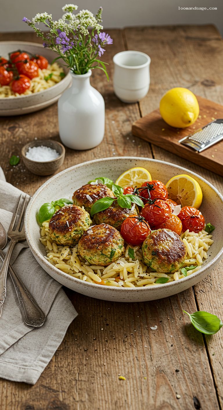 Turkey Zucchini Meatball Bowls with Garlic Butter Orzo