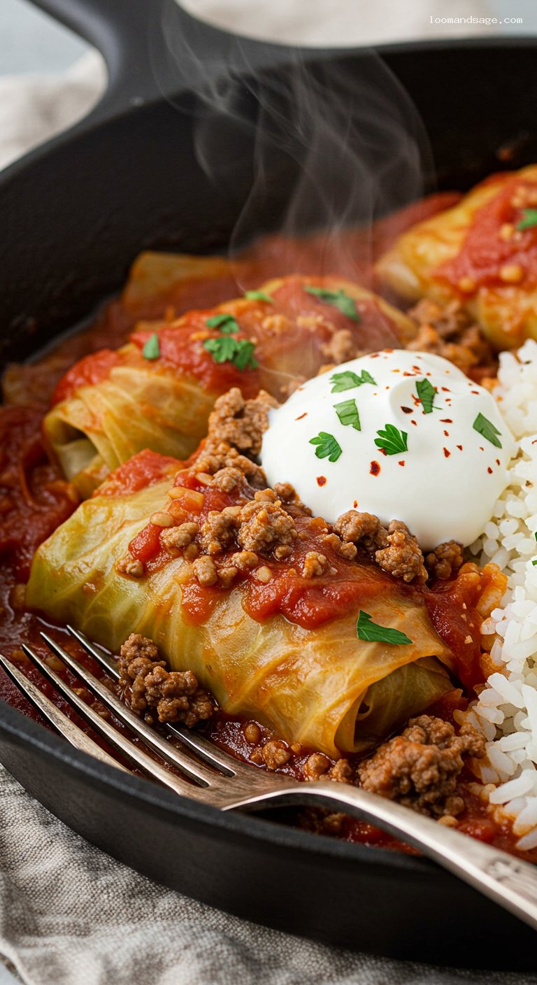 Unstuffed Cabbage Roll Skillet with Beef and Rice – Closeup
