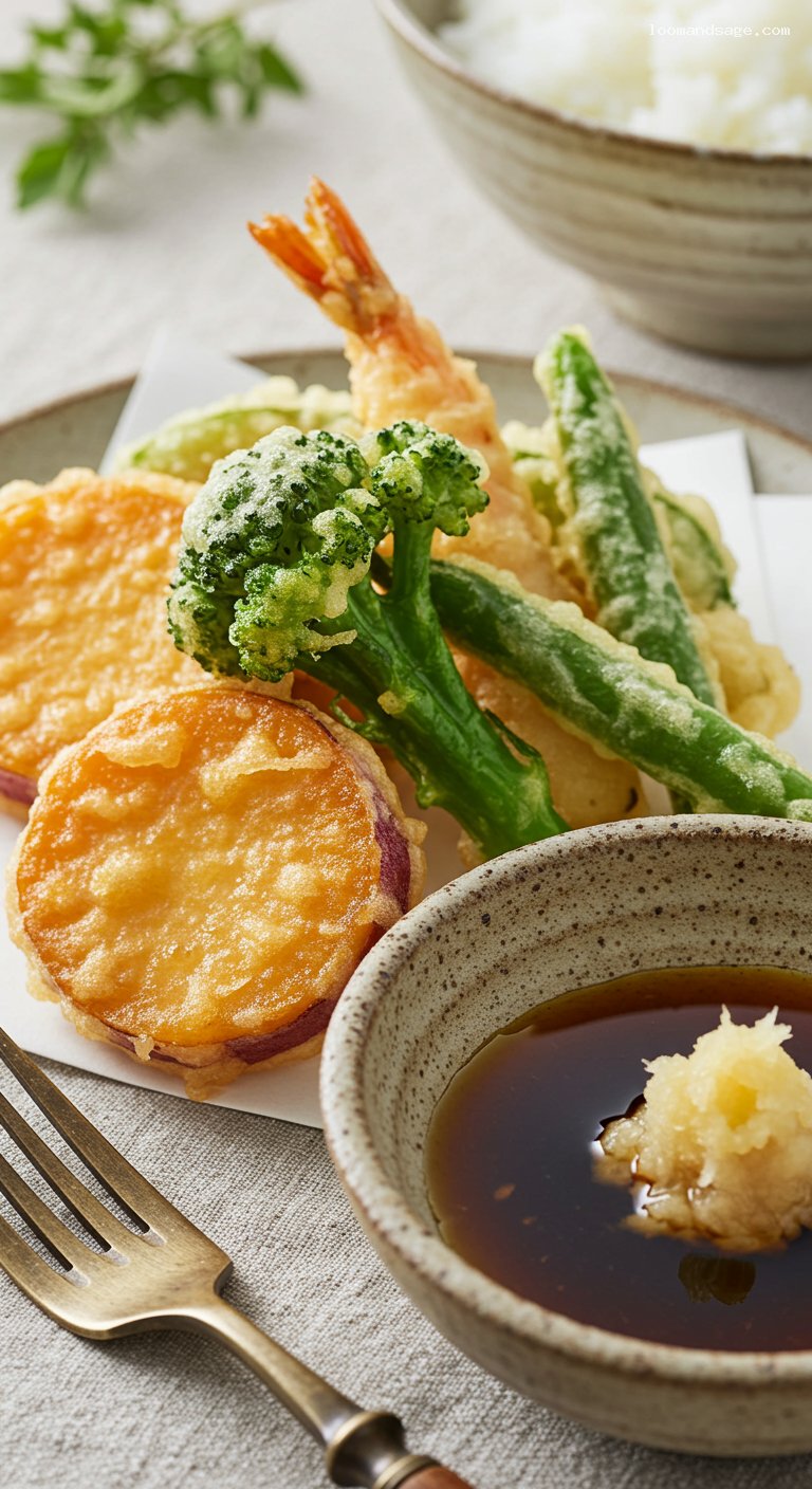 Vegetable Tempura Set with Soy-Dashi Dip – Closeup