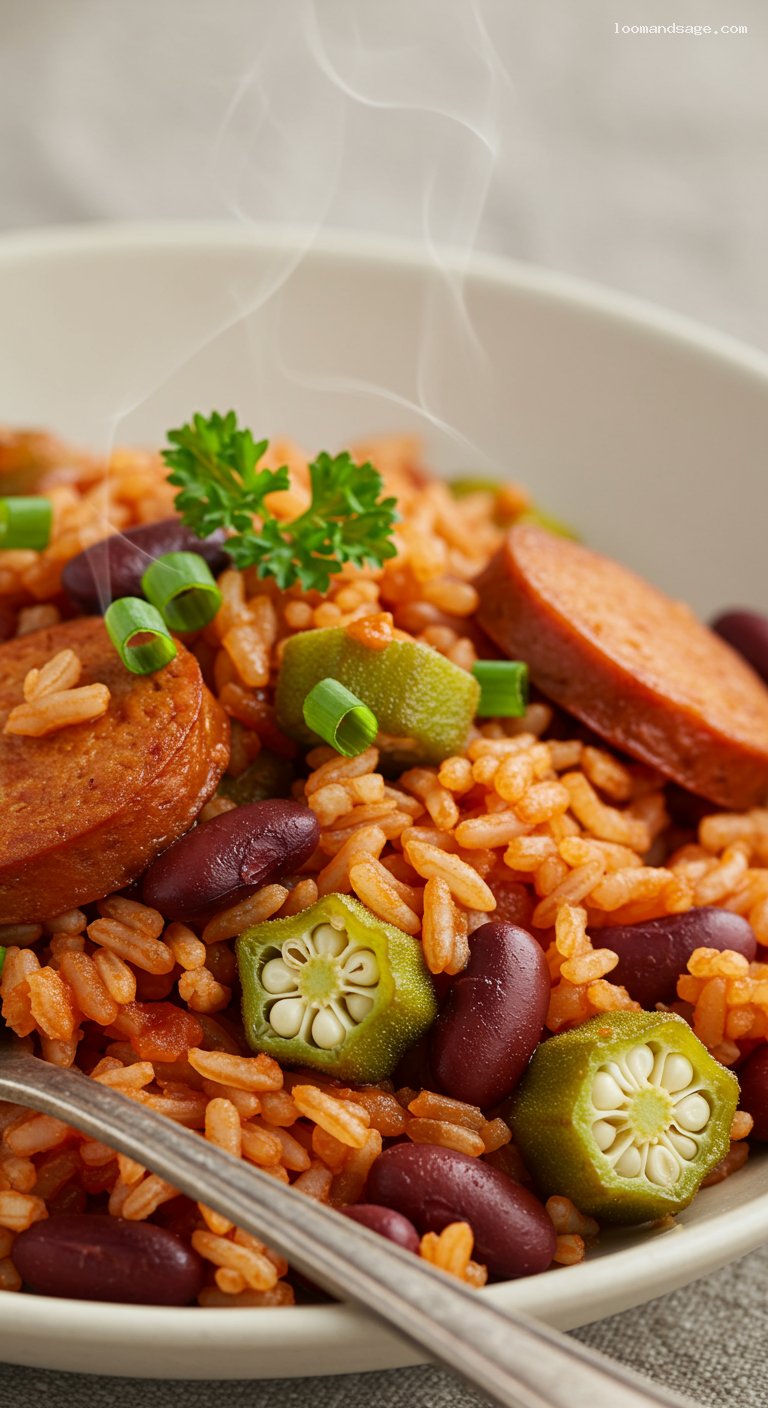 Vegetarian Jambalaya with Red Beans and Okra – Closeup