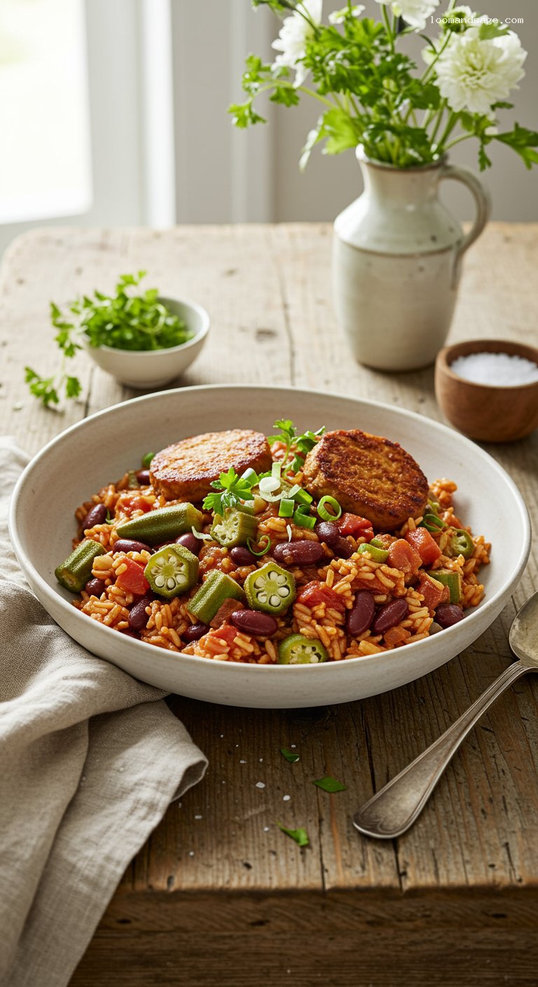 Vegetarian Jambalaya with Red Beans and Okra