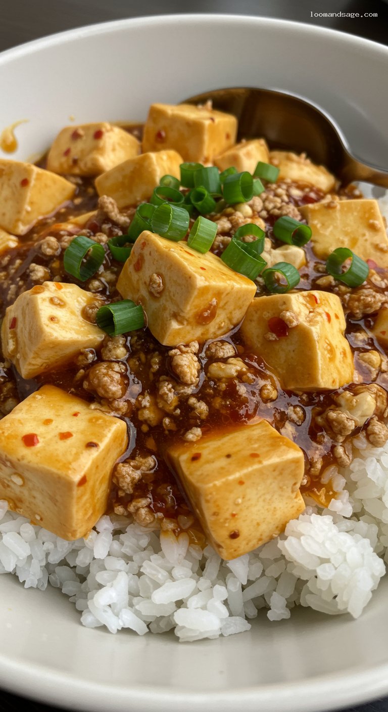 Vegetarian Mapo Tofu with Mushrooms and Chili Crisp – Closeup