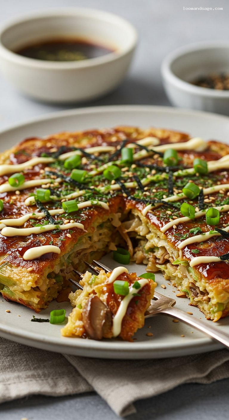 Vegetarian Okonomiyaki with Cabbage, Scallions, and Mushrooms – Closeup