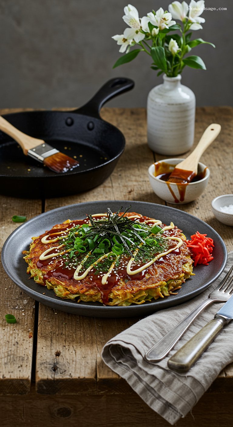 Vegetarian Okonomiyaki with Cabbage, Scallions, and Mushrooms