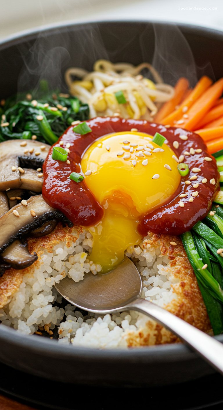 Veggie Bibimbap with Gochujang and Jammy Egg – Closeup