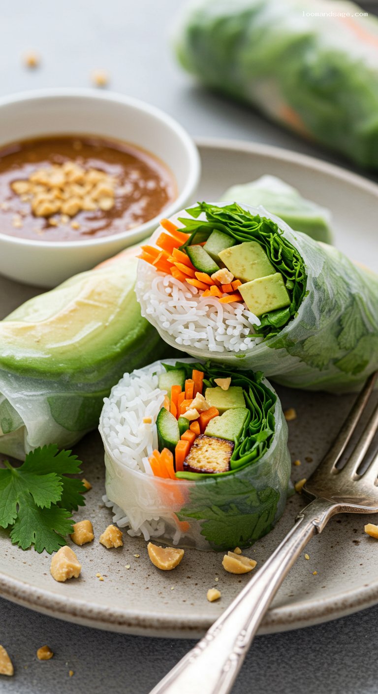 Vietnamese Fresh Spring Rolls with Hoisin-Peanut Sauce – Closeup