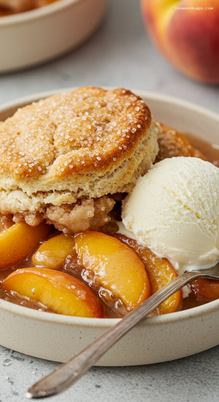 Warm Peach Cobbler with Cinnamon and Vanilla Ice Cream – Closeup