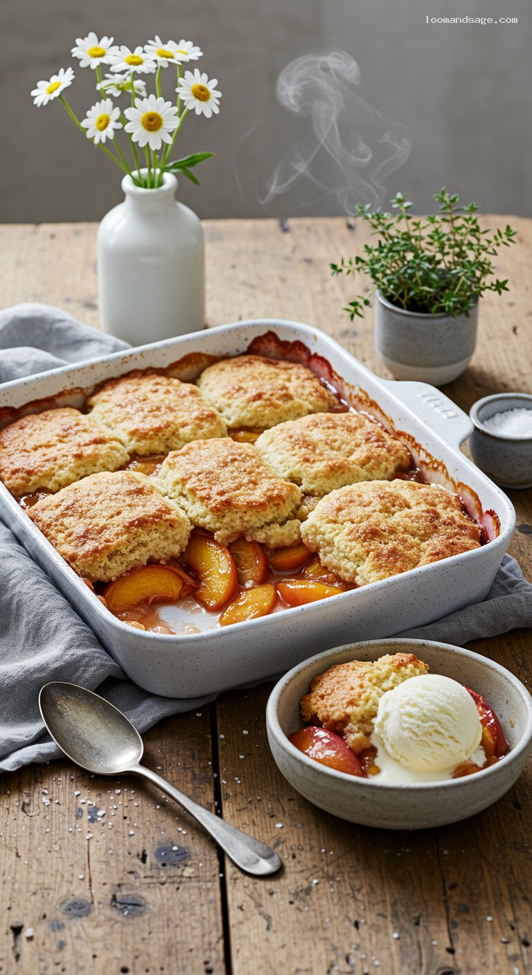Warm Peach Cobbler with Cinnamon and Vanilla Ice Cream