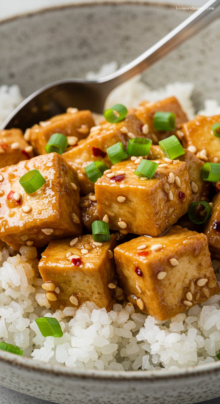 Weeknight Garlic-Chili Tofu Rice Bowl – Closeup