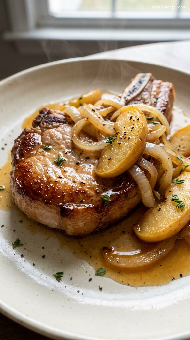 Amish Apple Cider Pork Chops with Onions – Closeup