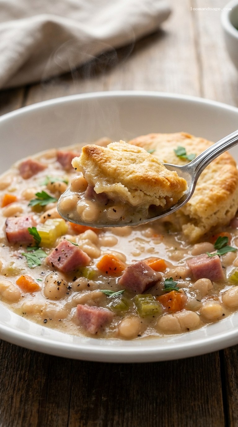 Amish Bean and Ham Pot Pie with Biscuit Topping – Closeup