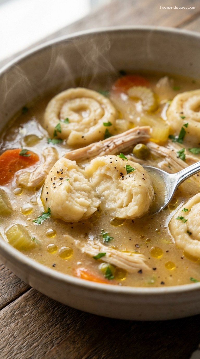 Amish Chicken and Dumplings with Rich Braised Broth – Closeup