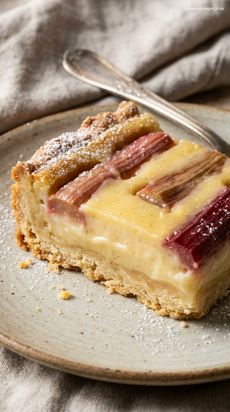Amish Rhubarb Custard Bars on Buttery Shortbread – Closeup