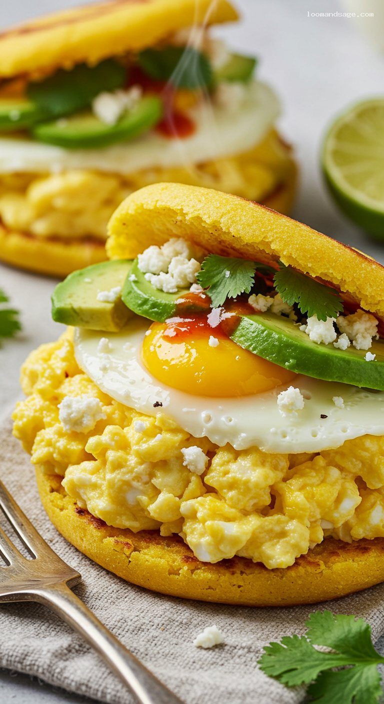 Arepa Breakfast Sandwiches with Eggs, Avocado, and Queso – Closeup