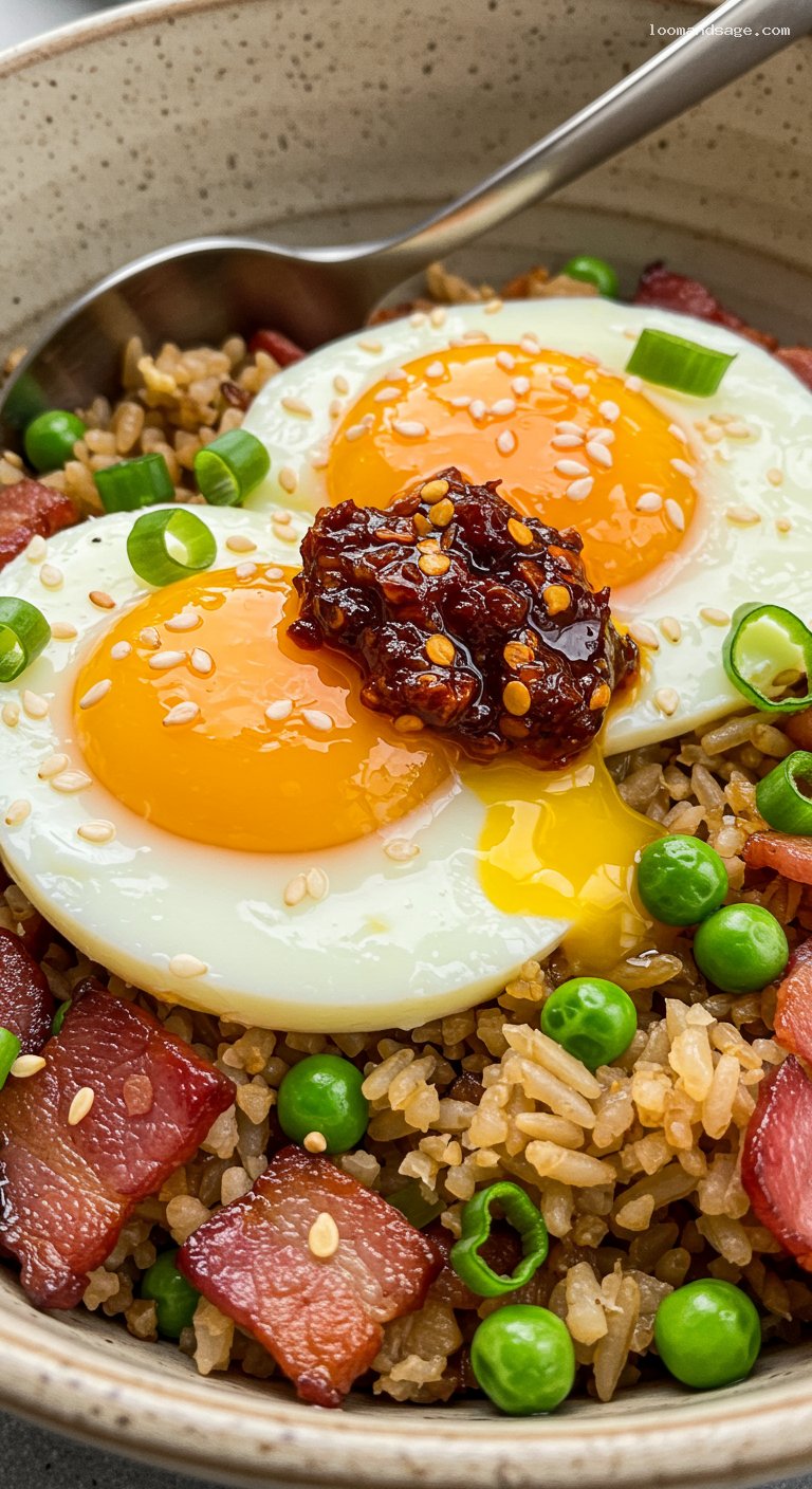 Bacon and Egg Fried Rice with Chili Crisp – Closeup