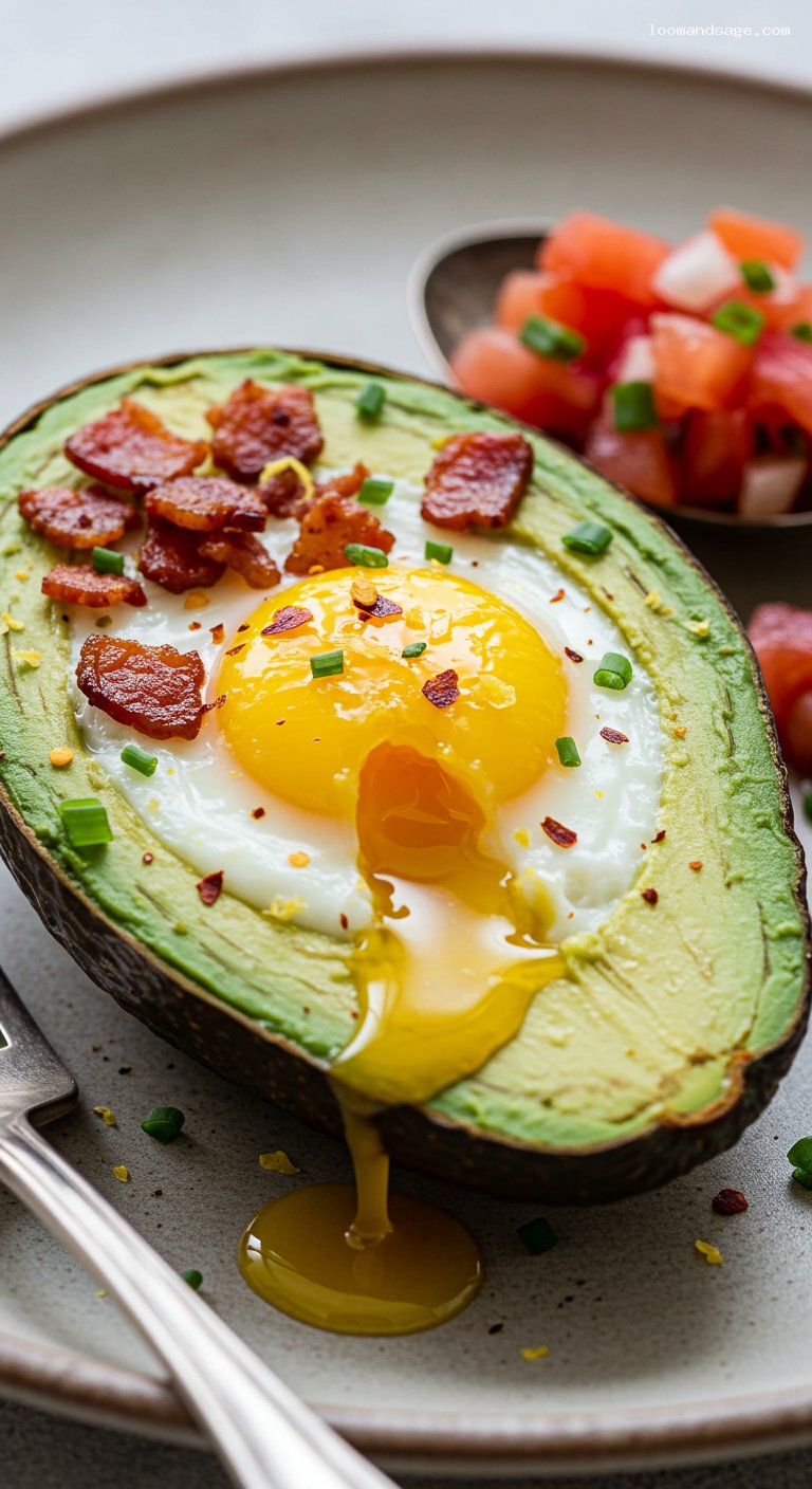 Baked Avocado Egg Boats with Bacon and Hot Honey – Closeup