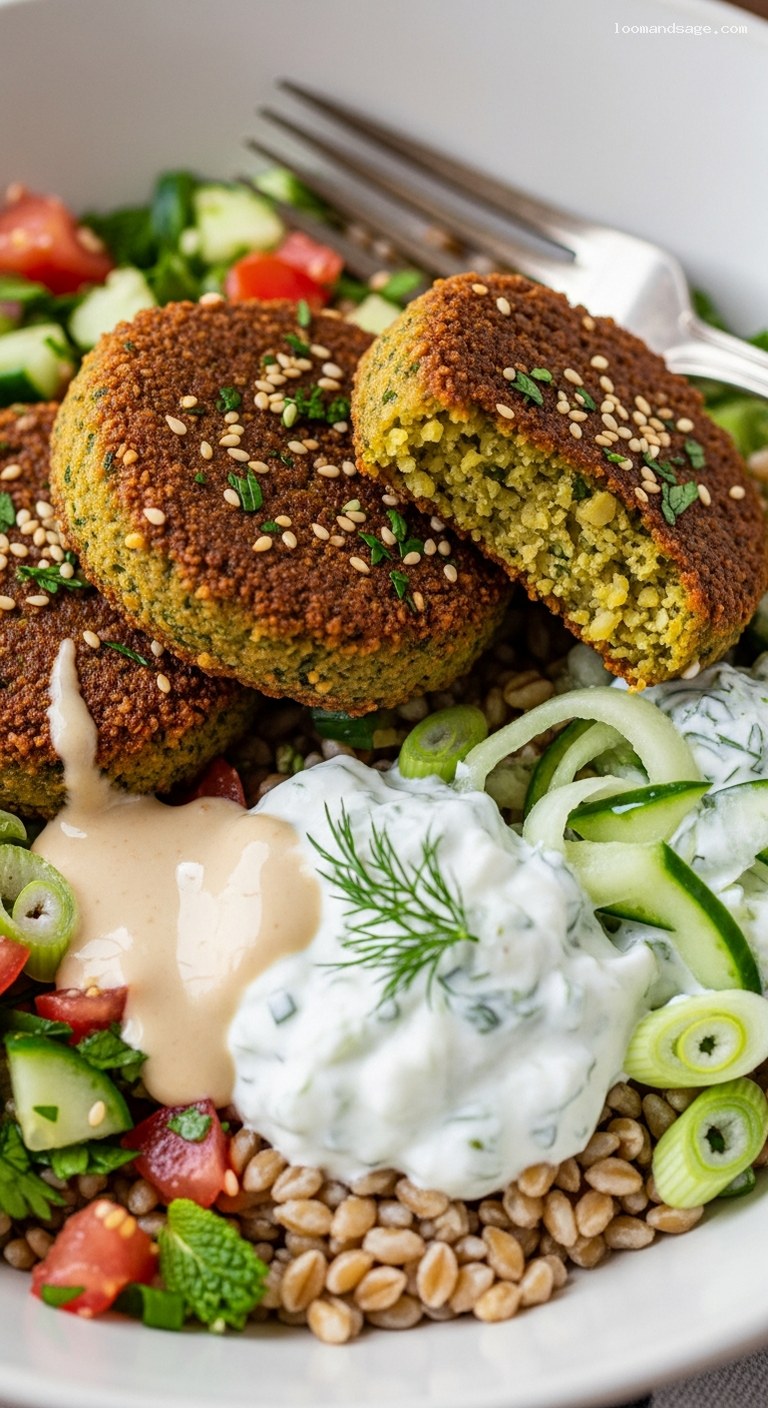 Baked Falafel Grain Bowls with Tzatziki and Tabbouleh – Closeup