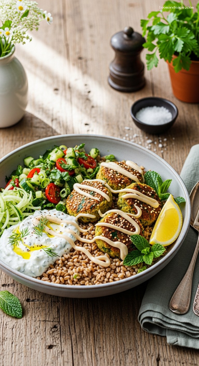 Baked Falafel Grain Bowls with Tzatziki and Tabbouleh