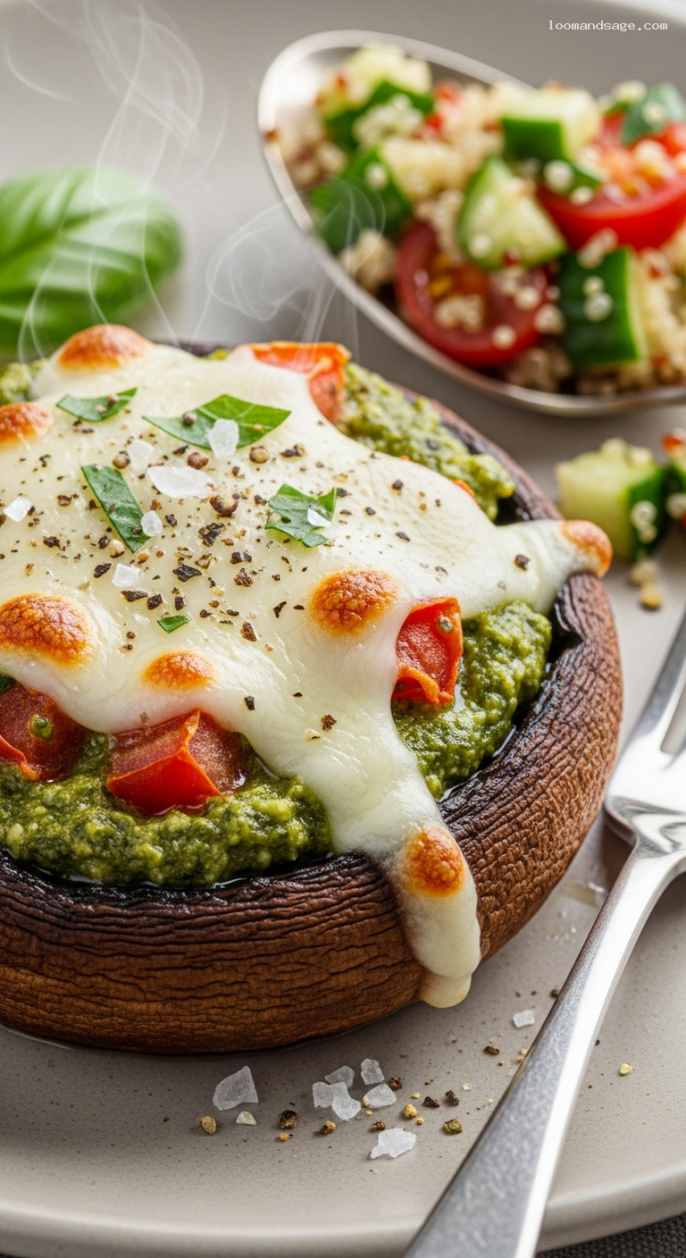 Baked Pesto-Stuffed Portobello Mushrooms with Mozzarella – Closeup
