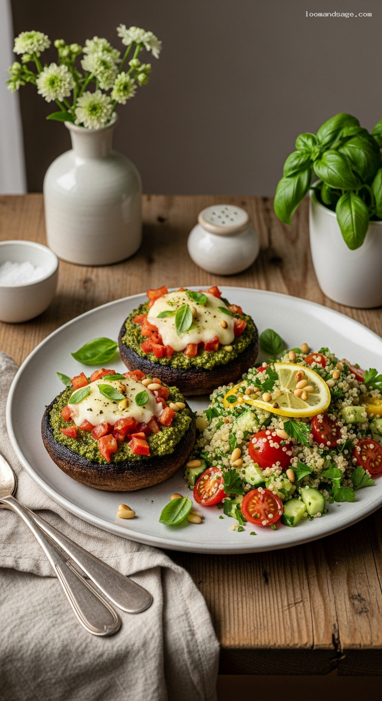 Baked Pesto-Stuffed Portobello Mushrooms with Mozzarella