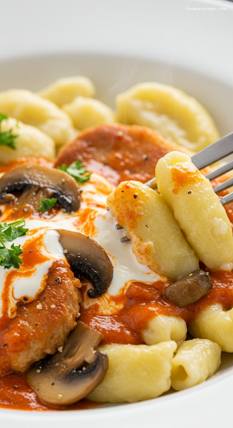 Bakonyi Pork Cutlets with Creamy Mushroom Paprika Ragout – Closeup