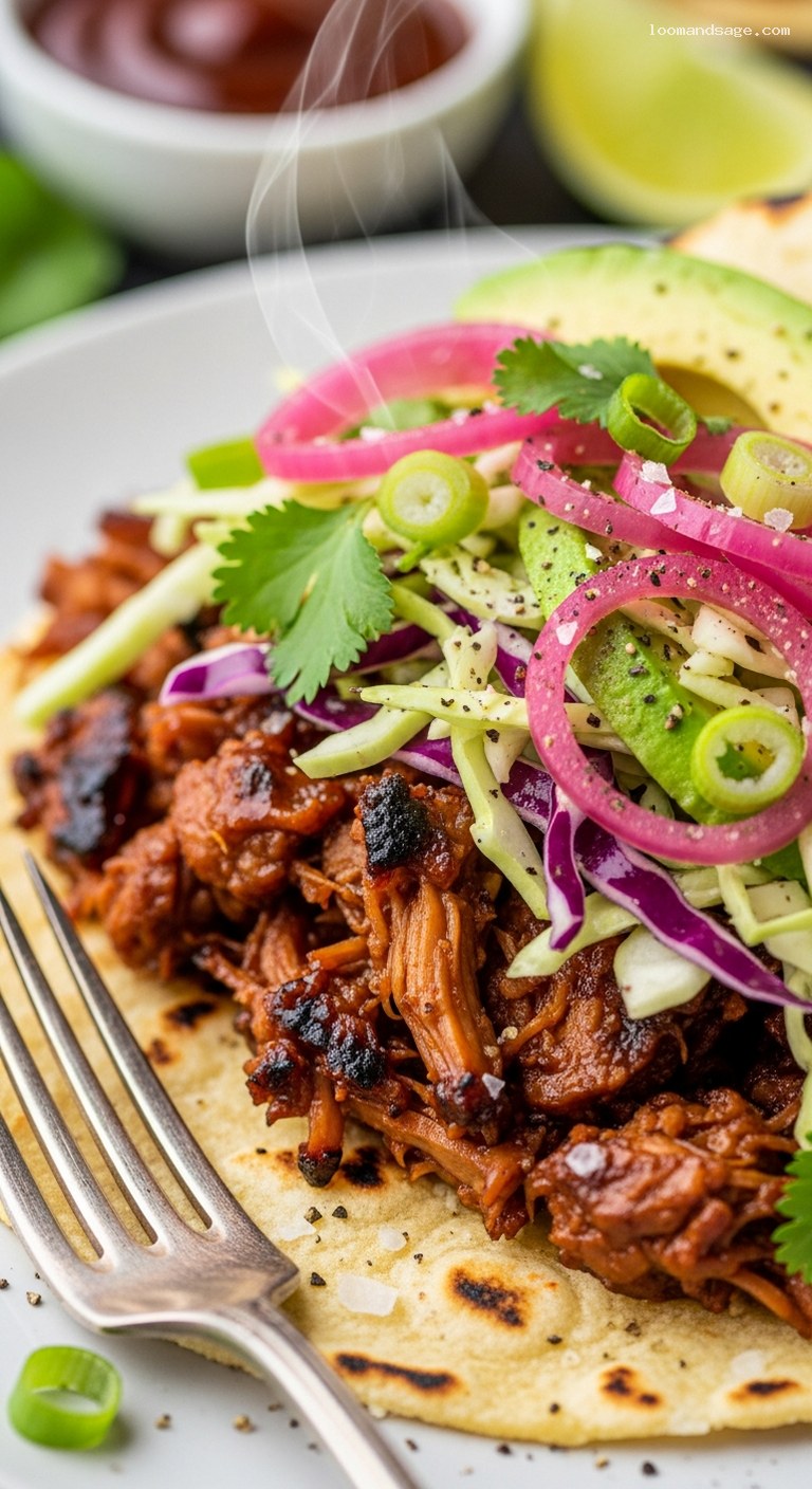 BBQ Jackfruit Tacos with Lime Cabbage Slaw – Closeup