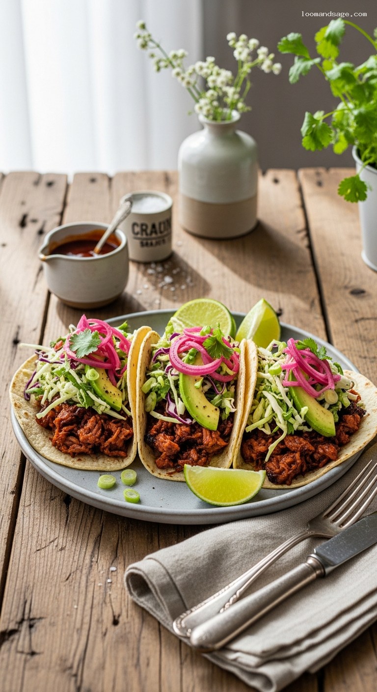 BBQ Jackfruit Tacos with Lime Cabbage Slaw