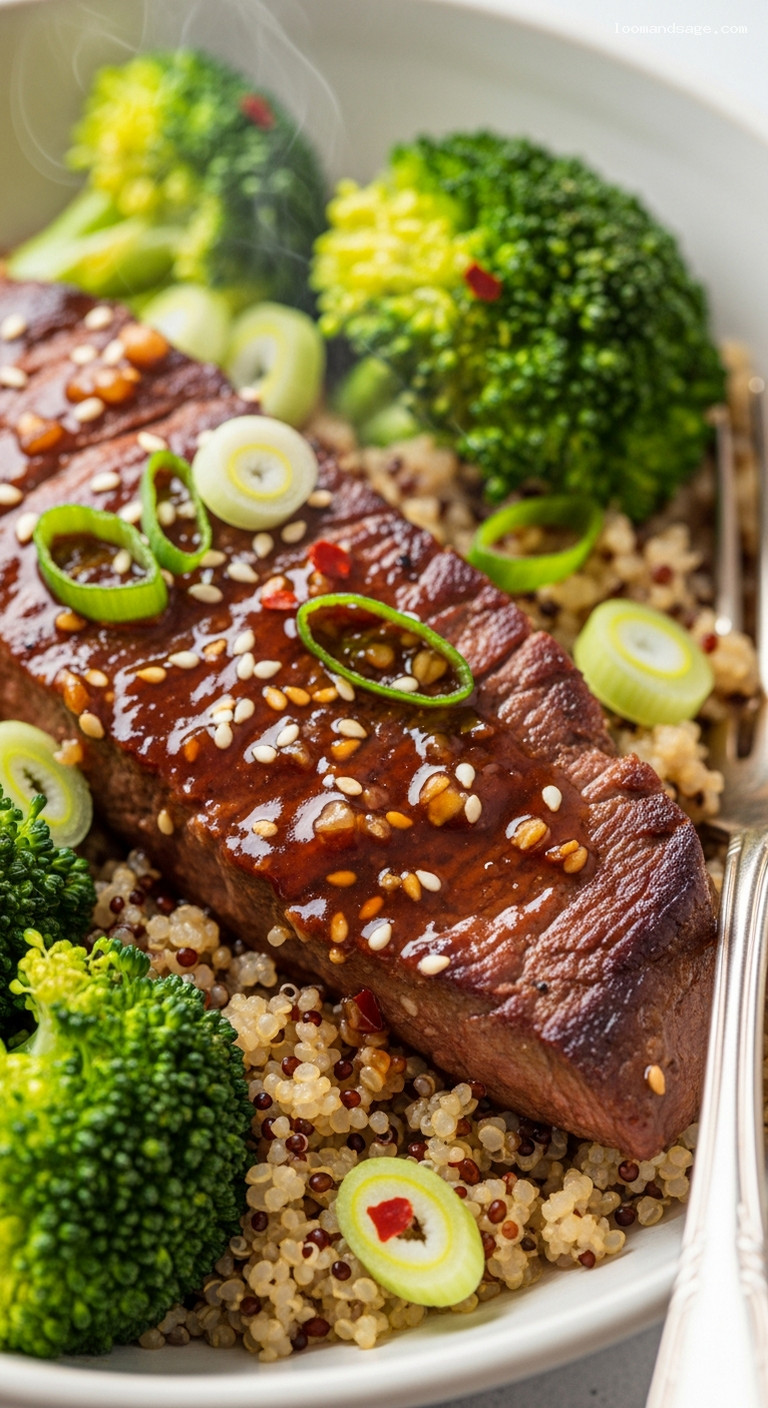 Beef and Broccoli Quinoa Bowls with Ginger Soy Glaze – Closeup